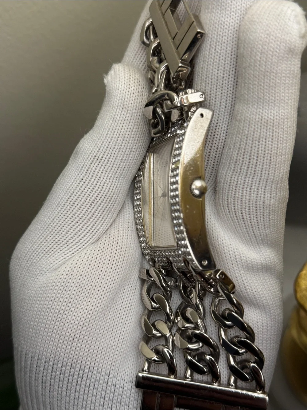 GUESS oversized Silver Crystal-Embellished women’s Chain Bracelet Watch